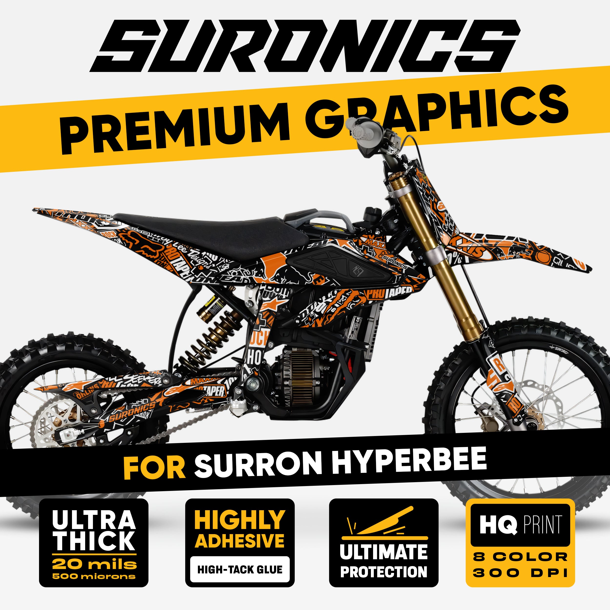 STIKCY BLACK ORANGE Surron Hyper Bee Graphics kit